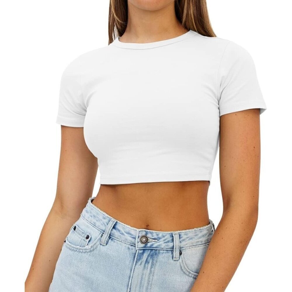 ❤️Womens White Sexy  Summer Tee Tops Short Sleeve Casual Slim Fited Cropped